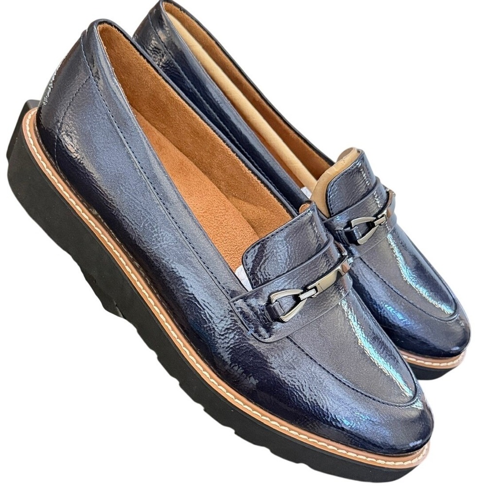 Naturalizer Women Elin Midnight Blue Patent Loafer 9W Comfort Career Shoes Wedge